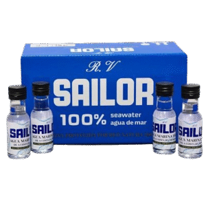 Pack de 10 botellitas de agua 100% de mar microfiltrada, ideales para uso alimentario.