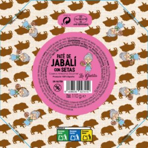 Tarro de paté de jabalí con setas artesanal La Guelita 110 g sobre fondo rústico con pan y setas silvestres