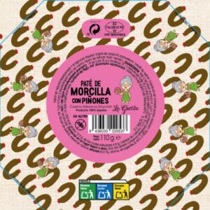 Tarro de paté de morcilla con piñones artesanal La Guelita 110 g junto a pan rústico y piñones naturales