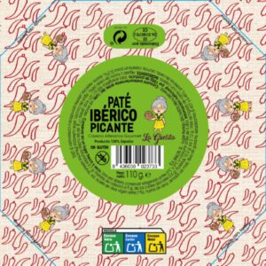 Tarro de paté ibérico picante artesanal La Guelita 110 g junto a pan tostado y guindillas