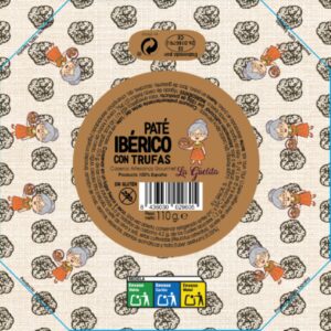 Tarro de paté ibérico con trufas artesanal La Guelita 110 g sobre tabla rústica con pan y láminas de trufa